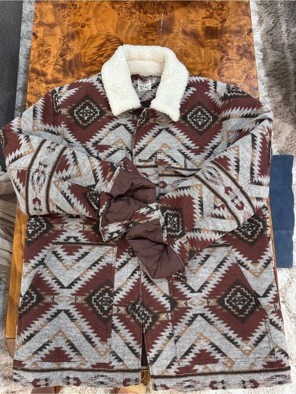 Faherty x STAG Aztec Sherpa Collared Jacket - Brown & Cream EUC-originally $388